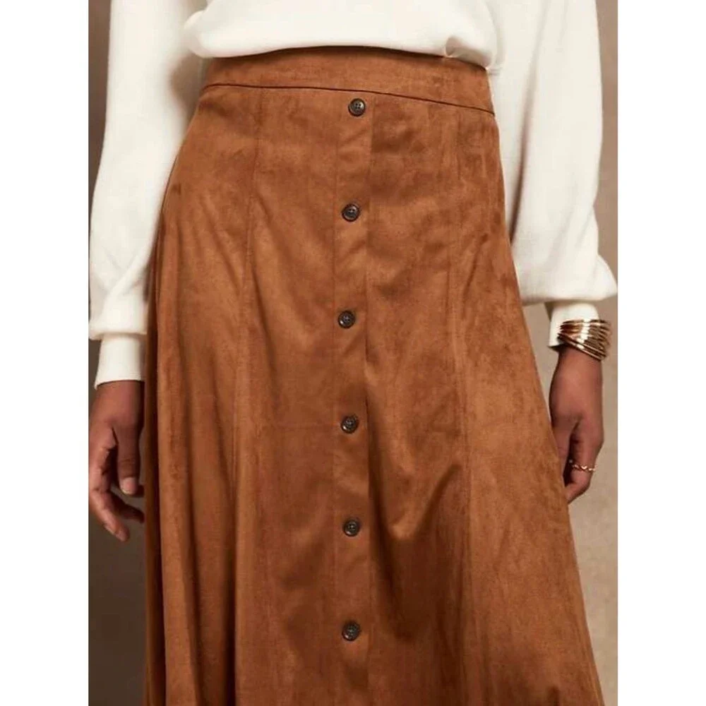 Banana Republic Vegan Suede Button-Front Midi Skirt Cognac Brown Size 20 Tall